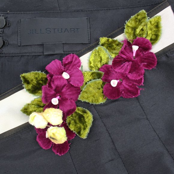 Jill Stuart Black Silk Pencil Skirt Velvet Flower Waistband Ribbon Detail M/6/ 8 - Picture 1 of 6
